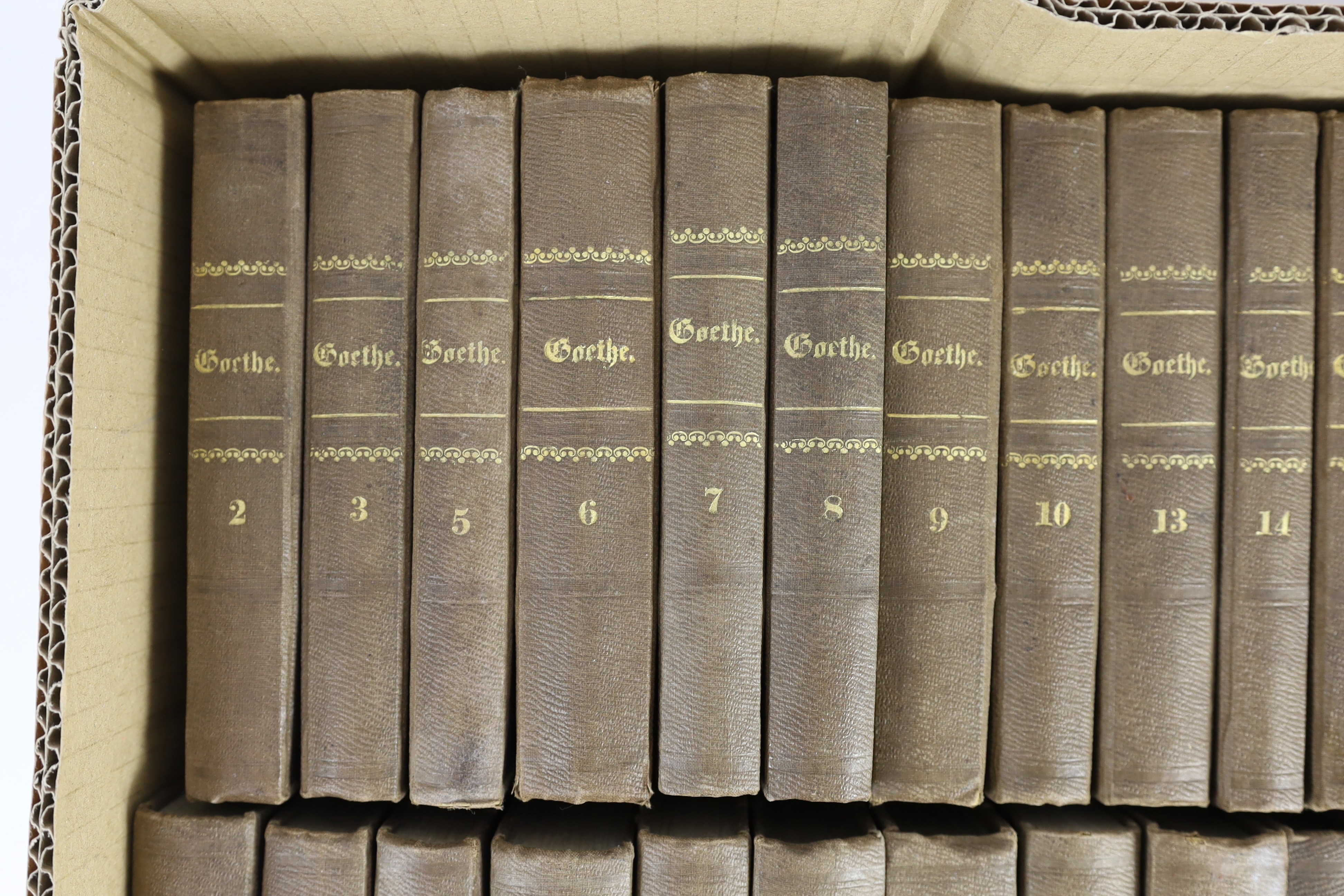 Goethe, Johanna Wolfgang - The Works in German, 35 vols (of 40), 12mo, half cloth, gilt embossed spines, Cotta’scher Verlag, Stuttgart and Augsburg, 1855